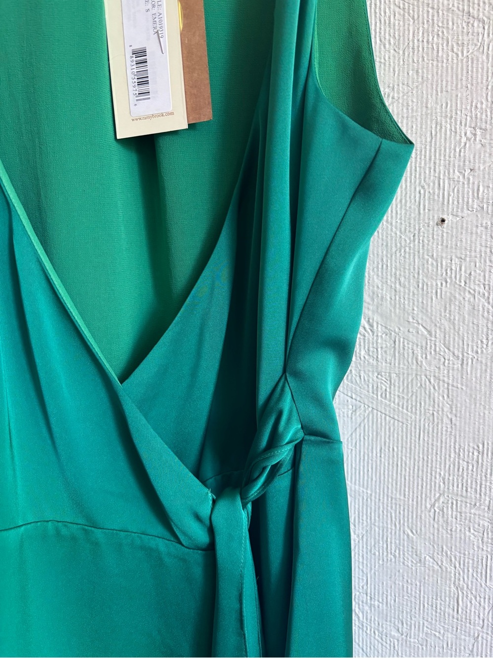 NWT Ramy Brook Emerald Jade Green Satin Charmeuse Mini Knot Detail Wrap Dress - Picture 9 of 15